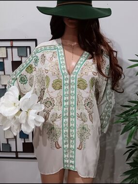 Rose & Olive Cream Blouse with Green Floral Trim & Print